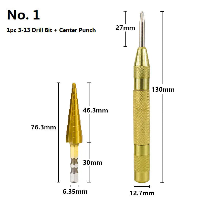 High-speed steel cone drill bit punch set with step bits and centre punch for metal drilling