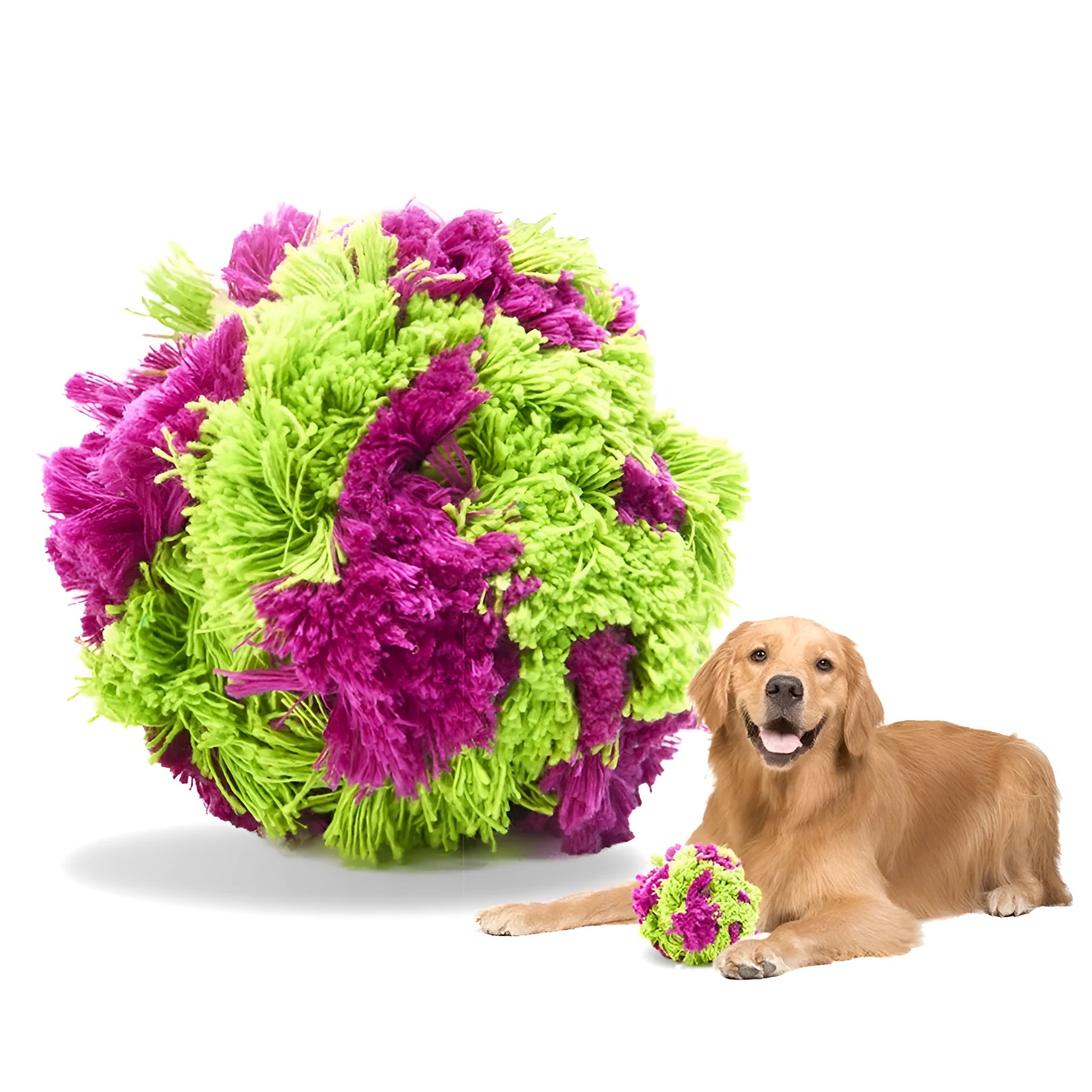 Purple plush dog ball toy with seaweed rope knots, 15cm diameter teething and interactive play toy