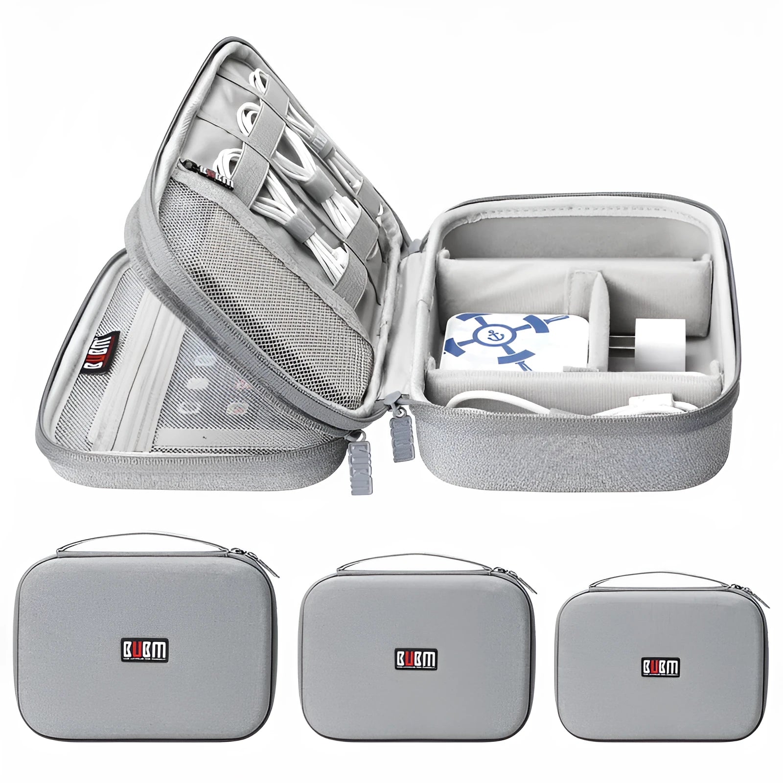 Black and grey EVA digital storage bag for earphones and cables, showing double-layer and single-layer style options.