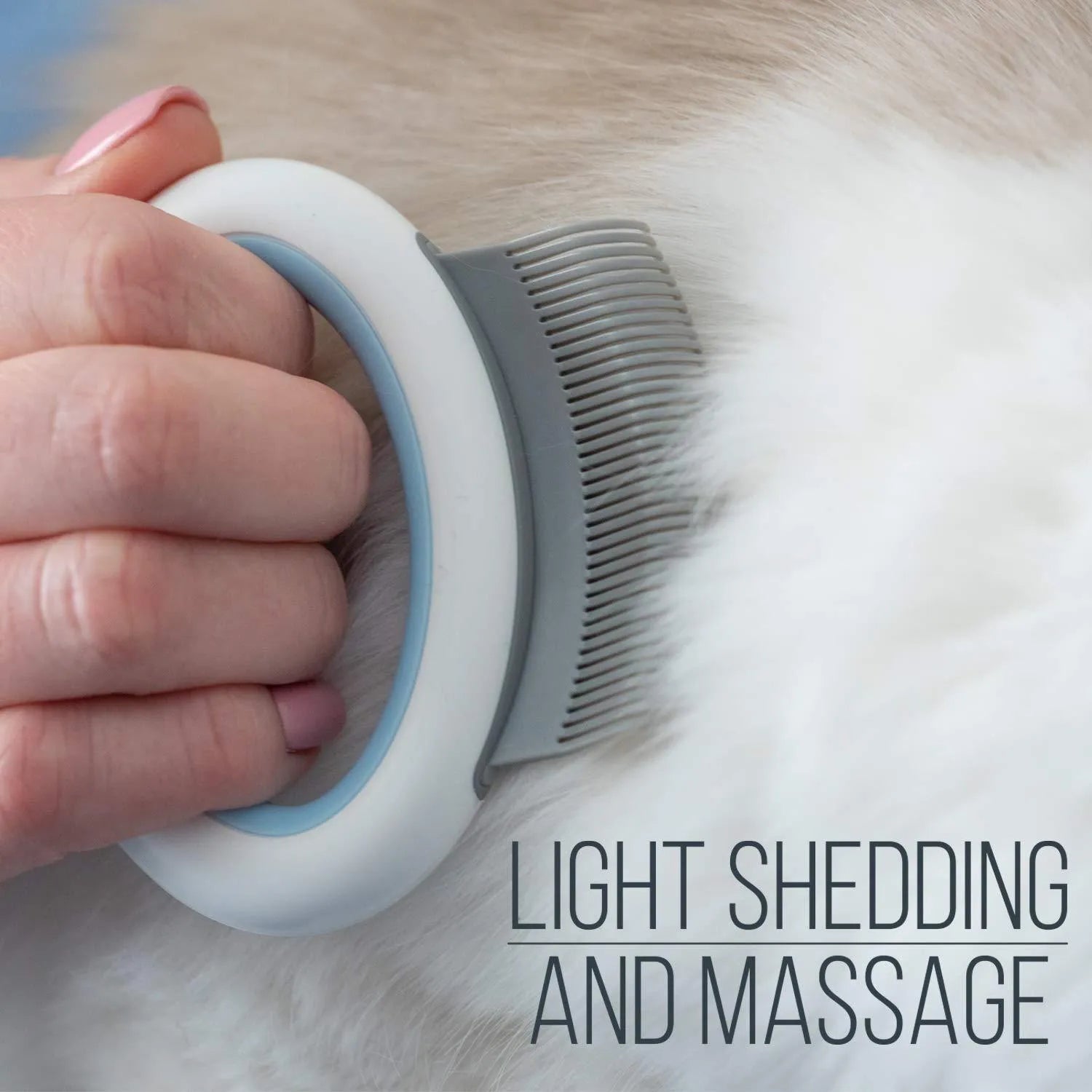 Blue pet grooming comb for cats and dogs on a white background.