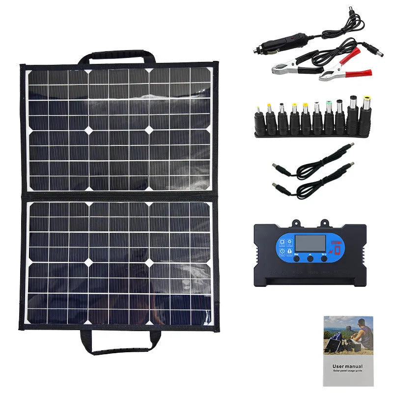 Black 40W folding portable solar panel bag shown folded to its 425x285mm size