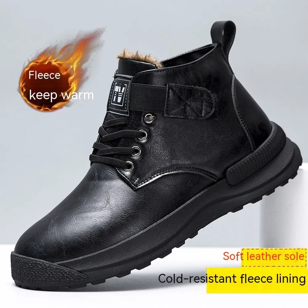 Black and brown high-top Martin platform boots with velvet artificial PU upper and rubber sole