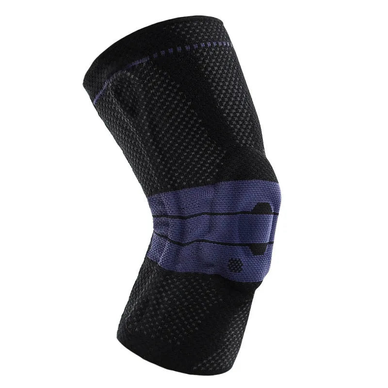 Adult sports kneepad in black and blue colours showing knee protection design
