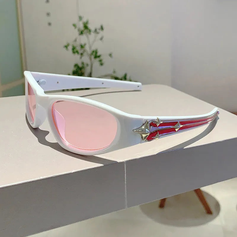 Special-shaped polycarbonate sunglasses with category 3 lenses shown in a black frame and blue lens colour option.