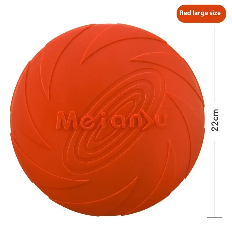 Soft rubber dog frisbee flying disc toy in red, shown in small, medium, and large sizes for outdoor fetch.