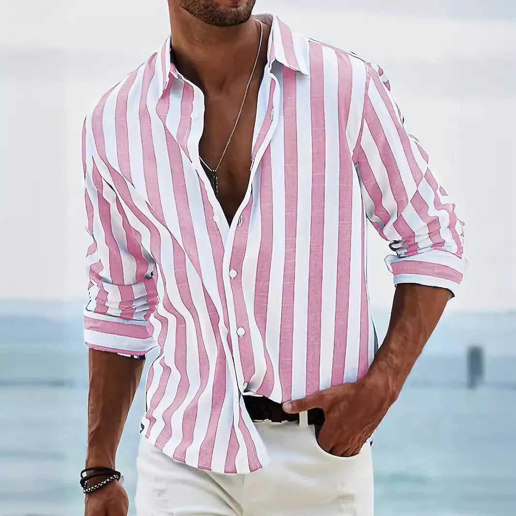 Men's yarn-dyed striped casual shirt with loose British style cardigan fit in polyester fabric