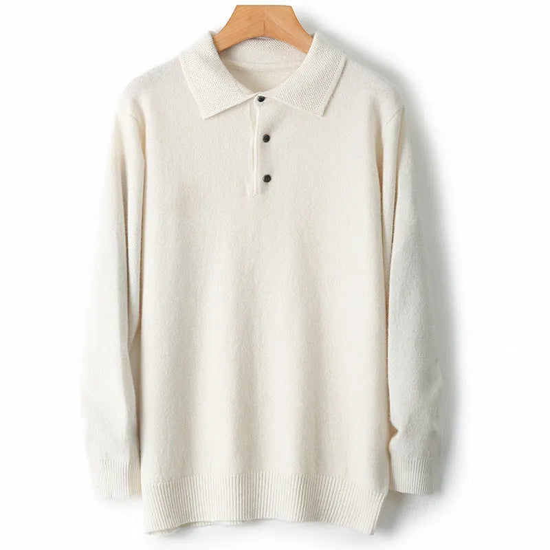 Men's wool pullover sweater with a polo collar in noble blue colour.
