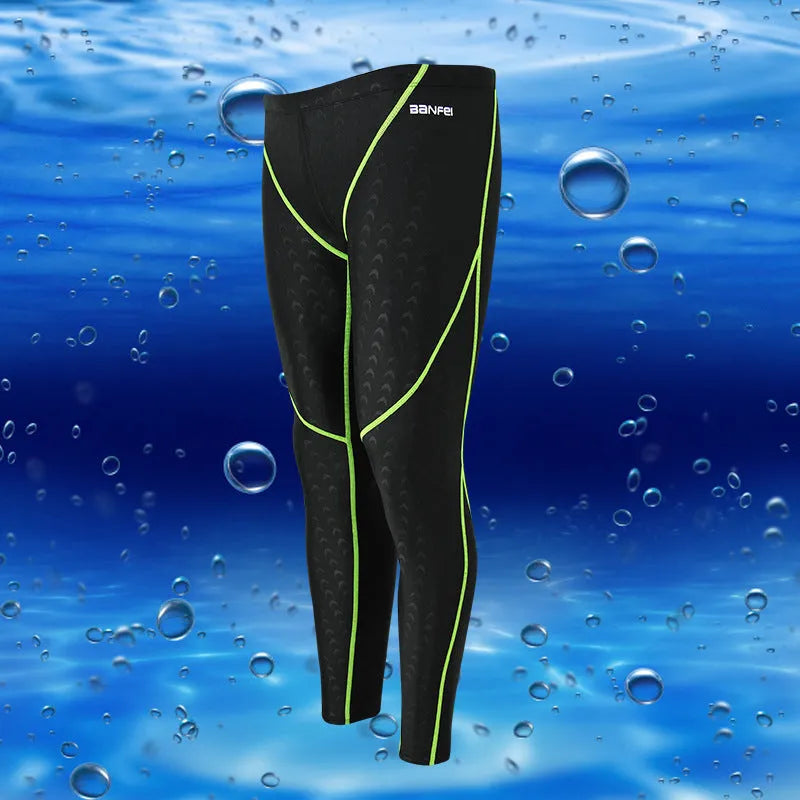 Men's nylon cropped swimming trunks in black with contrast line pattern for athletic swimming and fitness