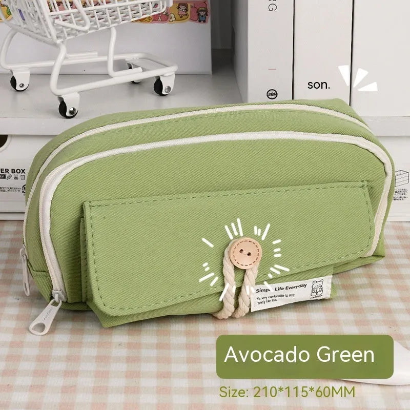 Korean style canvas pencil case in green, holds approximately 80 pens