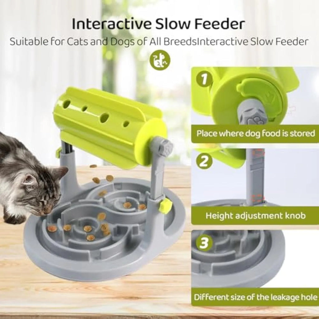 Blue interactive pet slow feeder bowl with adjustable height and puzzle design