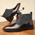 Men's brown and green retro formal shoes with side zipper and square toe.
