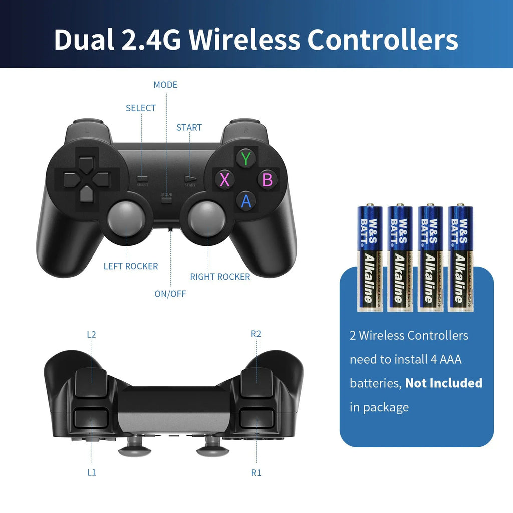 Compact black HD home TV game console with wireless controller on a stand