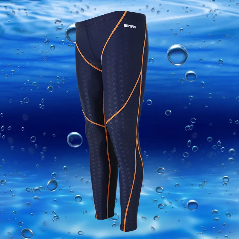 Men's nylon cropped swimming trunks in black with contrast line pattern for athletic swimming and fitness