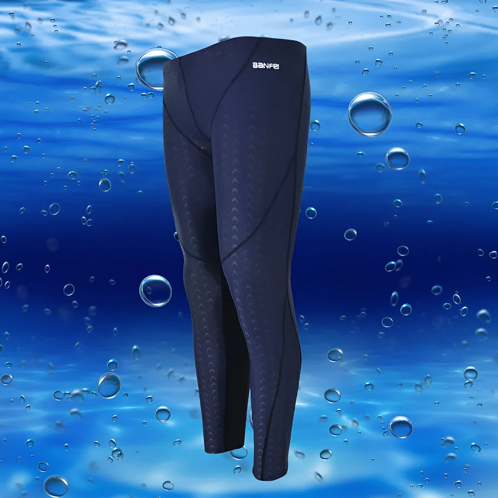 Men's nylon cropped swimming trunks in black with contrast line pattern for athletic swimming and fitness