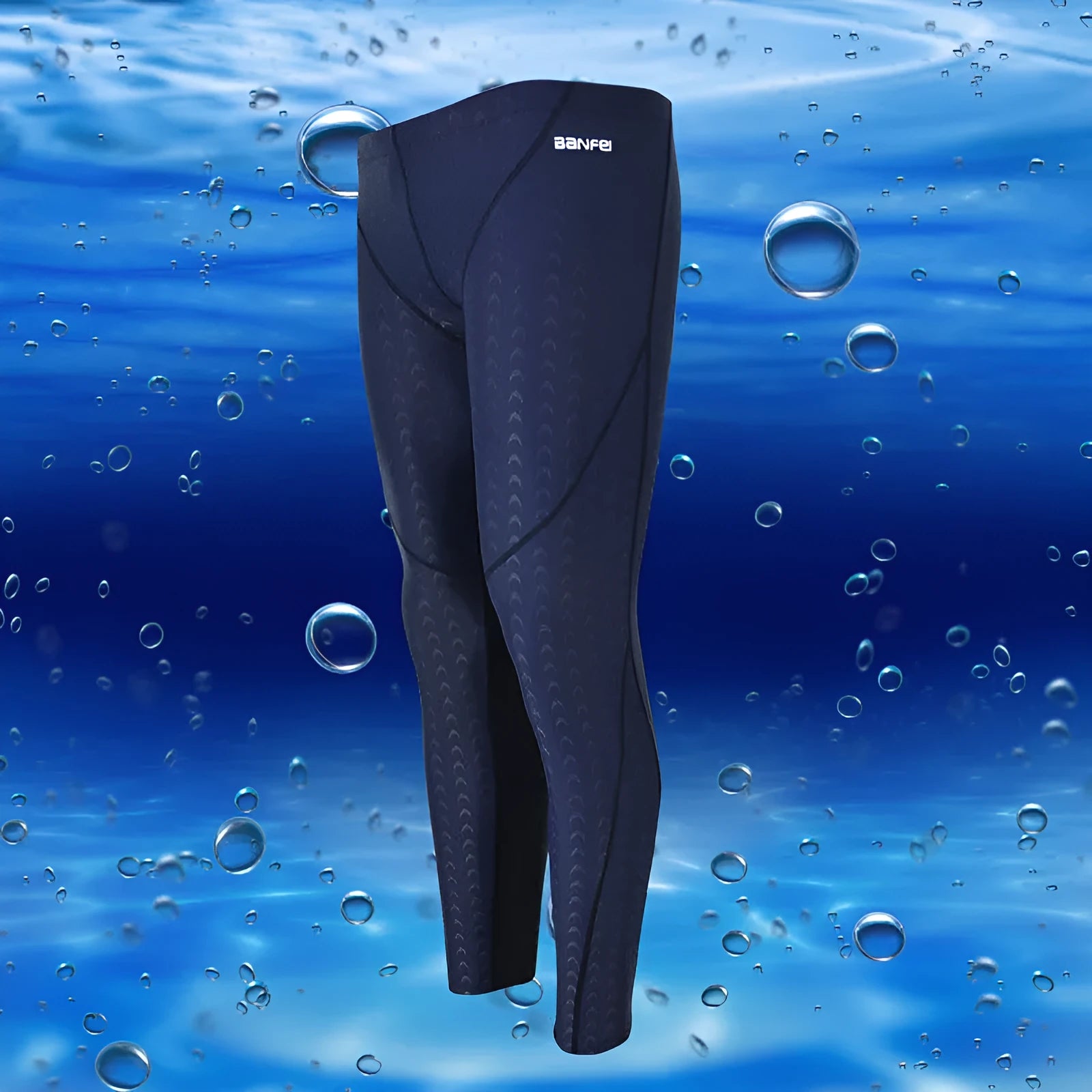 Men's nylon cropped swimming trunks in black with contrast line pattern for athletic swimming and fitness