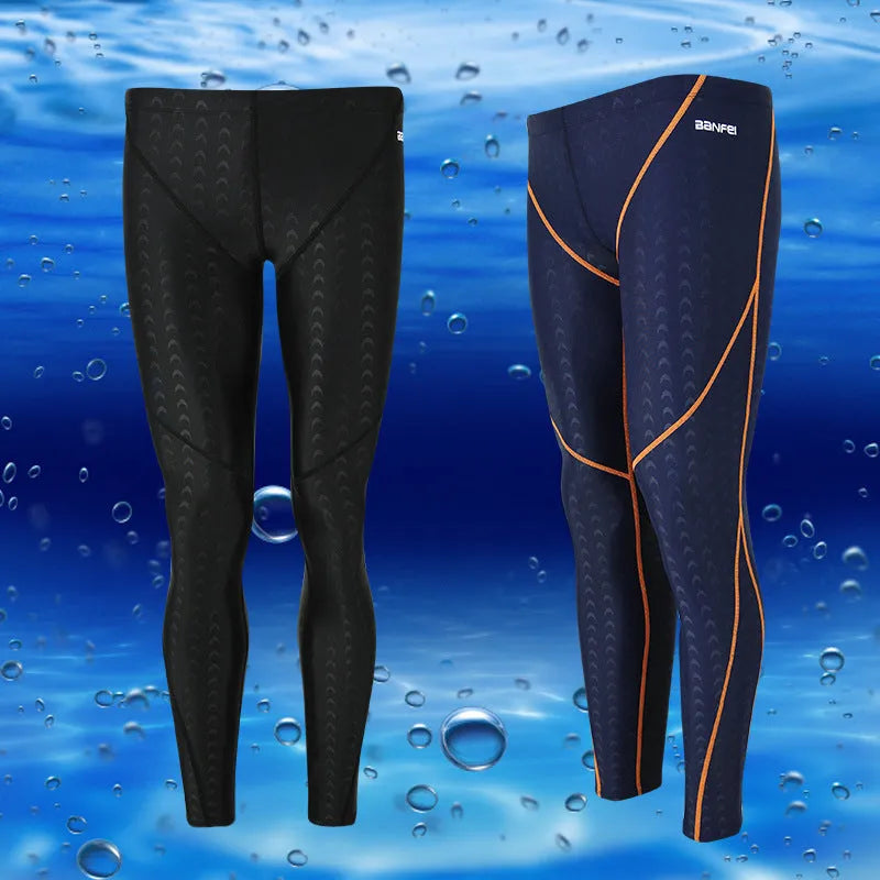 Men's nylon cropped swimming trunks in black with contrast line pattern for athletic swimming and fitness
