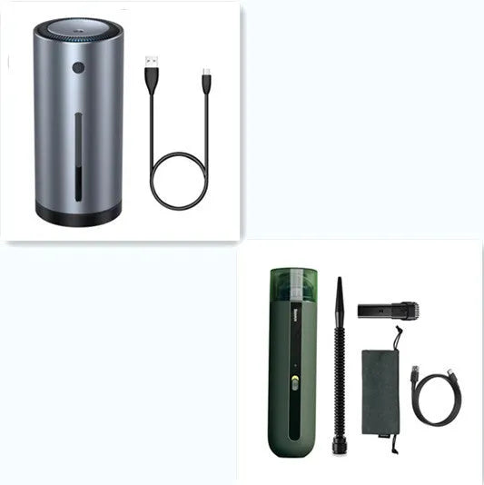 Baseus handheld car vacuum cleaner in black, white, or green, shown with blowing hose attachment.