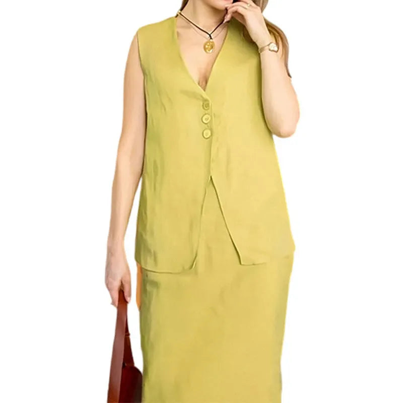 Blue polyester sleeveless vest and long skirt two-piece casual outfit on mannequin