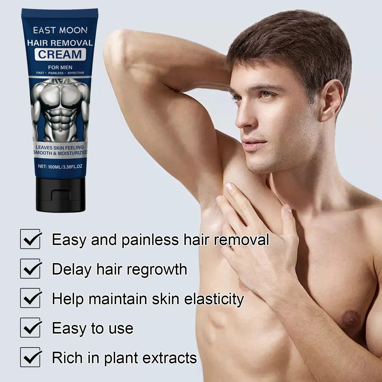 Men's multipurpose depilatory cream in 100ml tube for facial and body hair removal