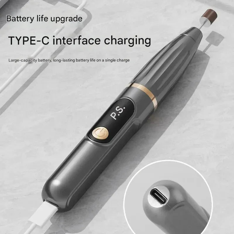 Compact electric nail file with LCD display, USB charging cable, and three spare sanding bands