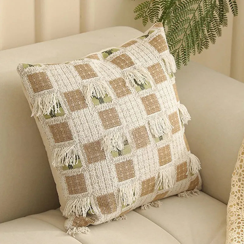 Square 45cm yarn-dyed Jacquard pillow cover with Nordic floral botanical pattern in multiple colour options.