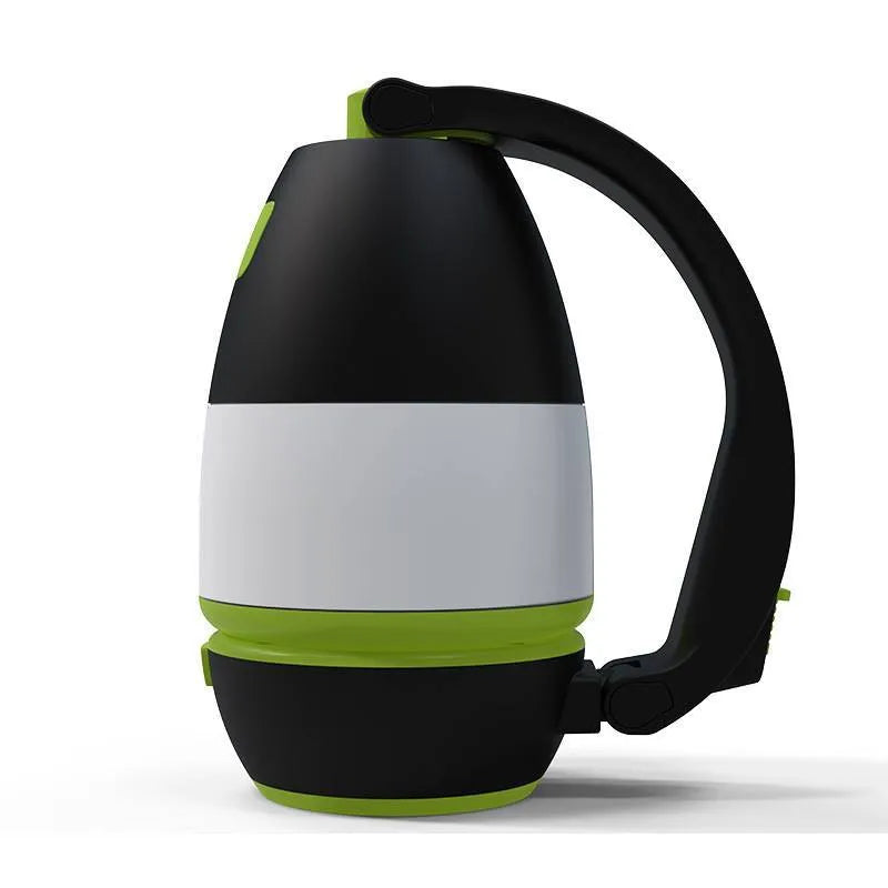 Black green foldable 3-in-1 LED camping lamp with USB charging port shown in open and closed positions.