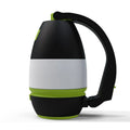 Black green foldable 3-in-1 LED camping lamp with USB charging port shown in open and closed positions.