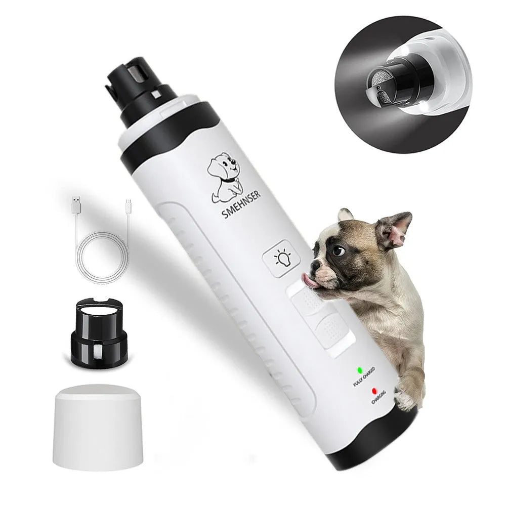 White electric dog nail trimmer with LED display showing speed settings and dust collection compartment