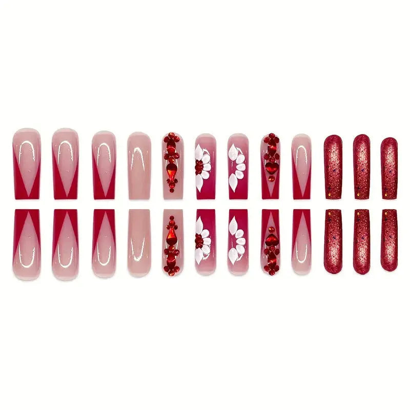 Sweet Flowers pattern red diamond false nails in long European Square shape with glue and file.