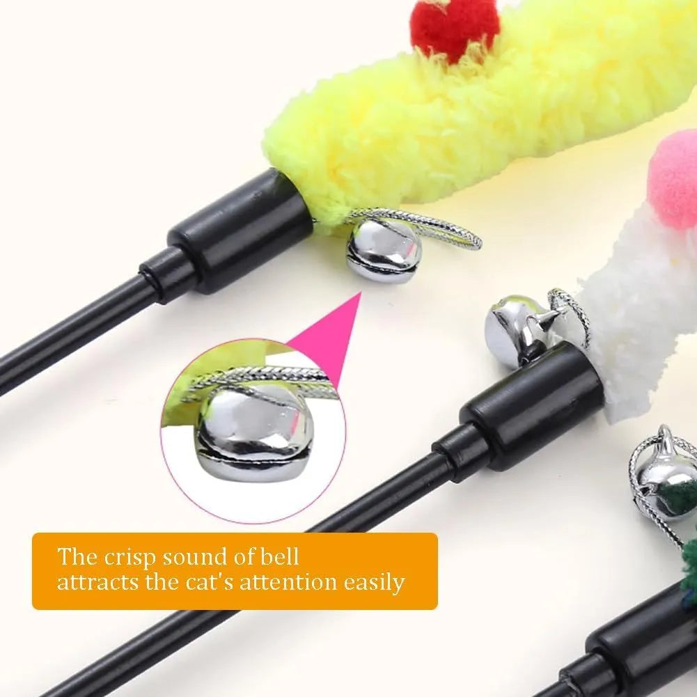 Cat wand toy with colourful plush strip and bell attachment on 41cm pole