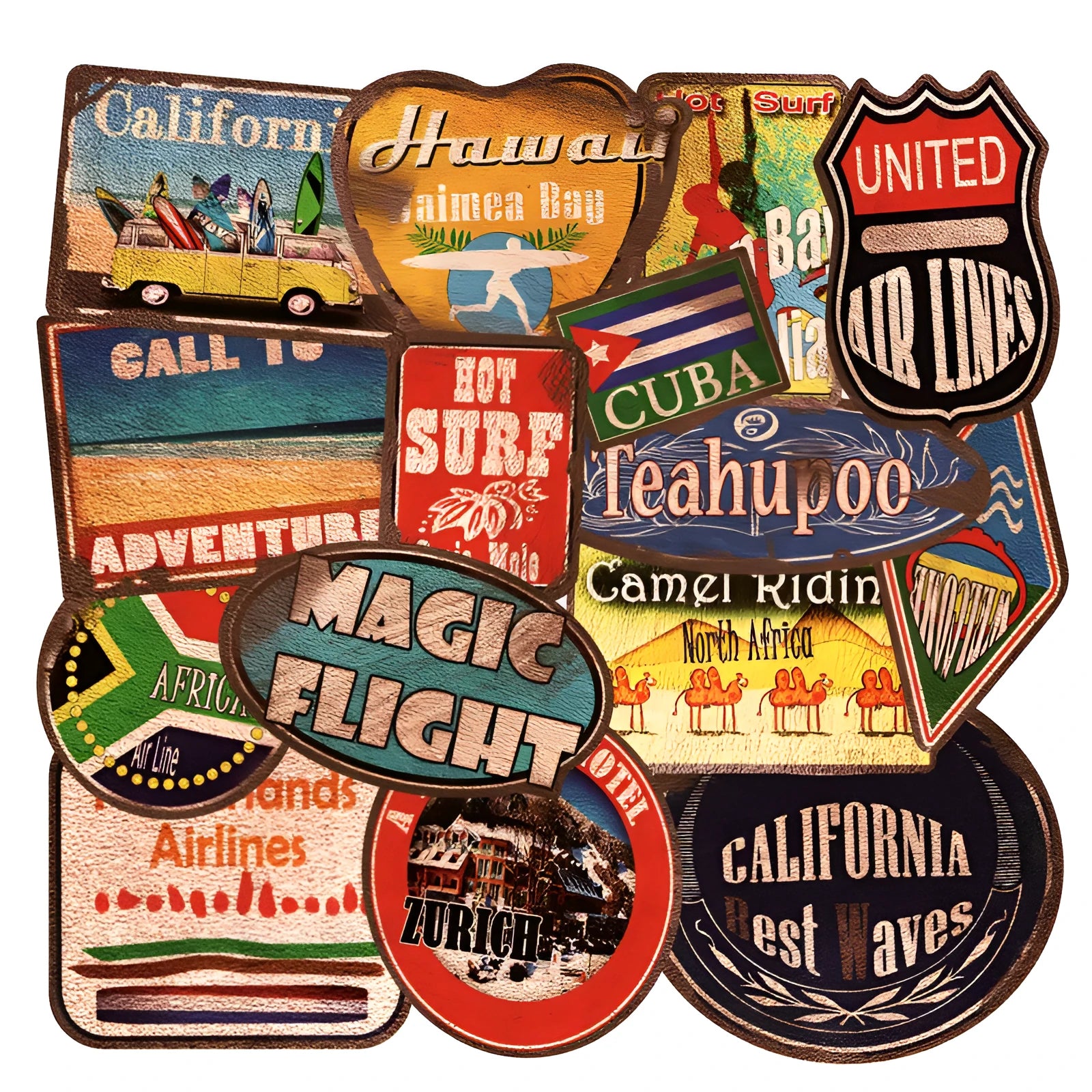 36 retro beach stickers in sizes 6cm to 10cm with matte finish on PVC material