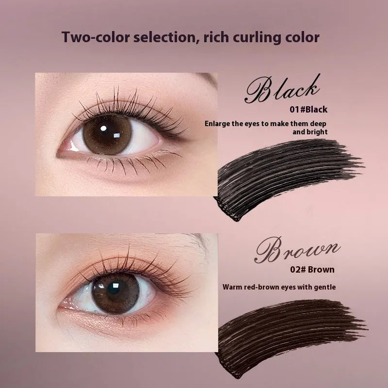 Mascara tube with applicator for long curling lashes in black or brown options