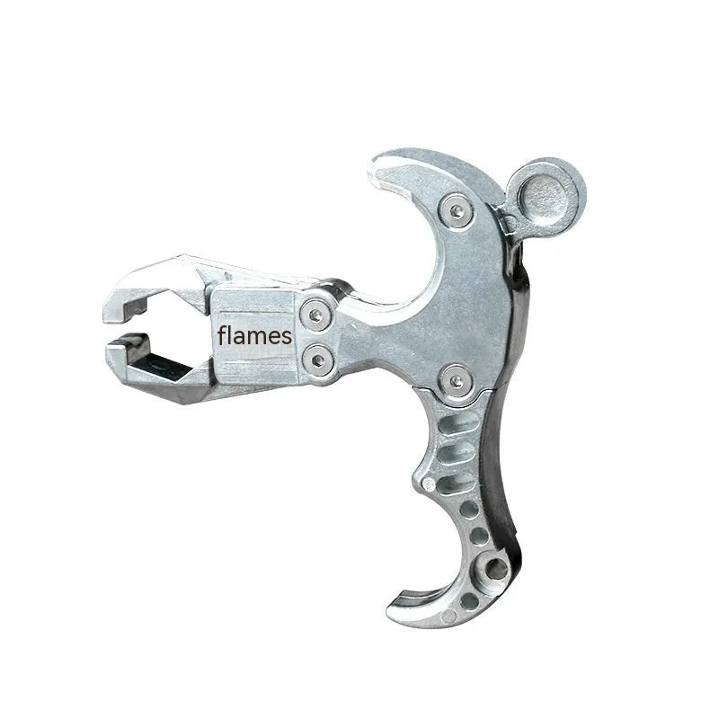 Close-up of alloy archery release aid showing two-axis harpoon clip mechanism with zinc alloy construction
