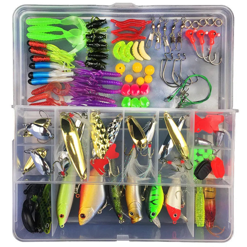 Junior fishing lure suit set with PP plastic storage box containing an assortment of artificial baits.