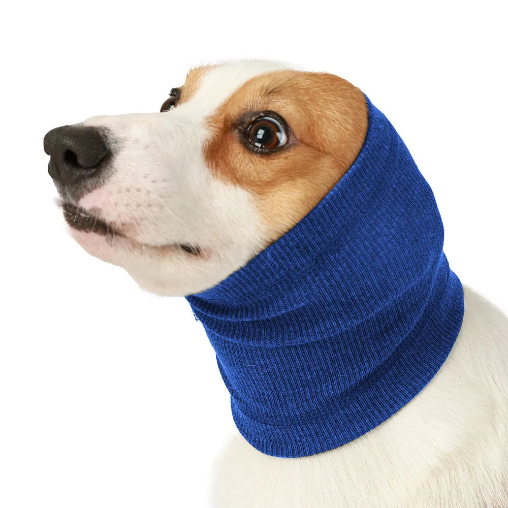 A blue or grey polyester headband scarf for dogs, shown in small, medium, and large sizes.