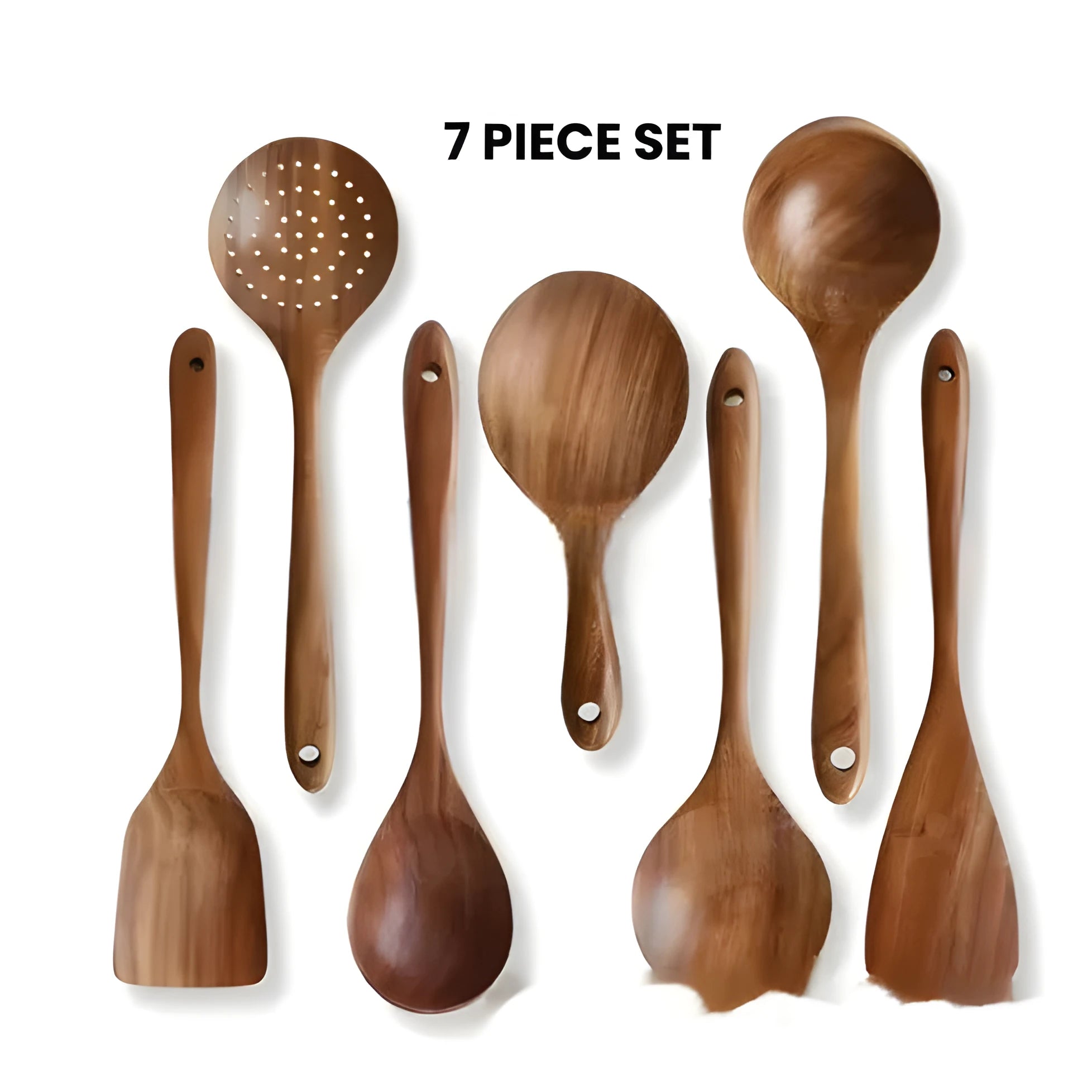 Seven-piece wooden kitchen utensil set showing spoons, spatulas and soup ladles arranged together