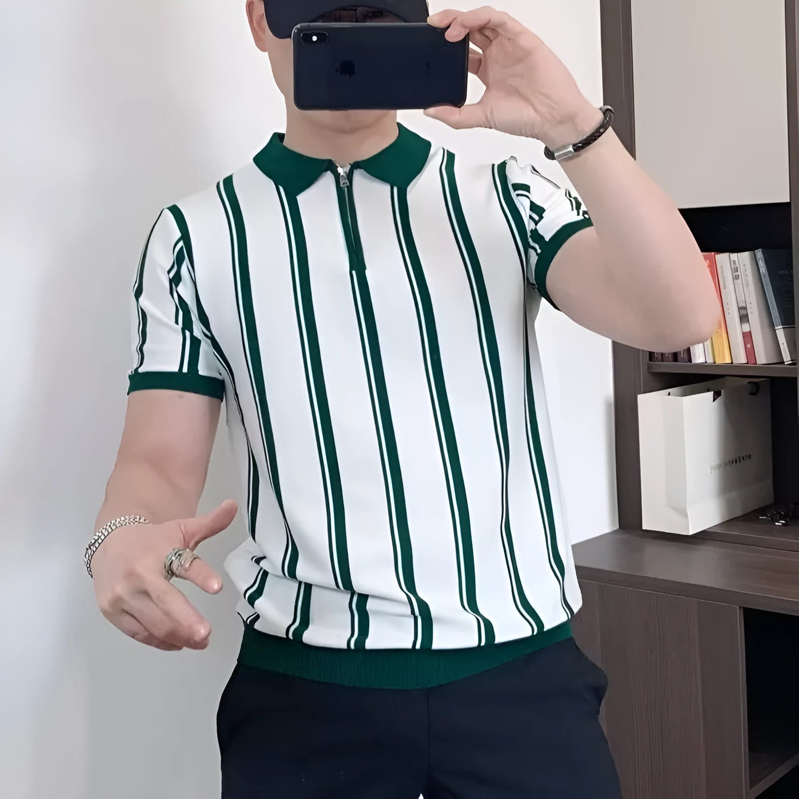 Korean vintage stripe men's casual T-shirt with zip-up front and cartoon pattern in black colour