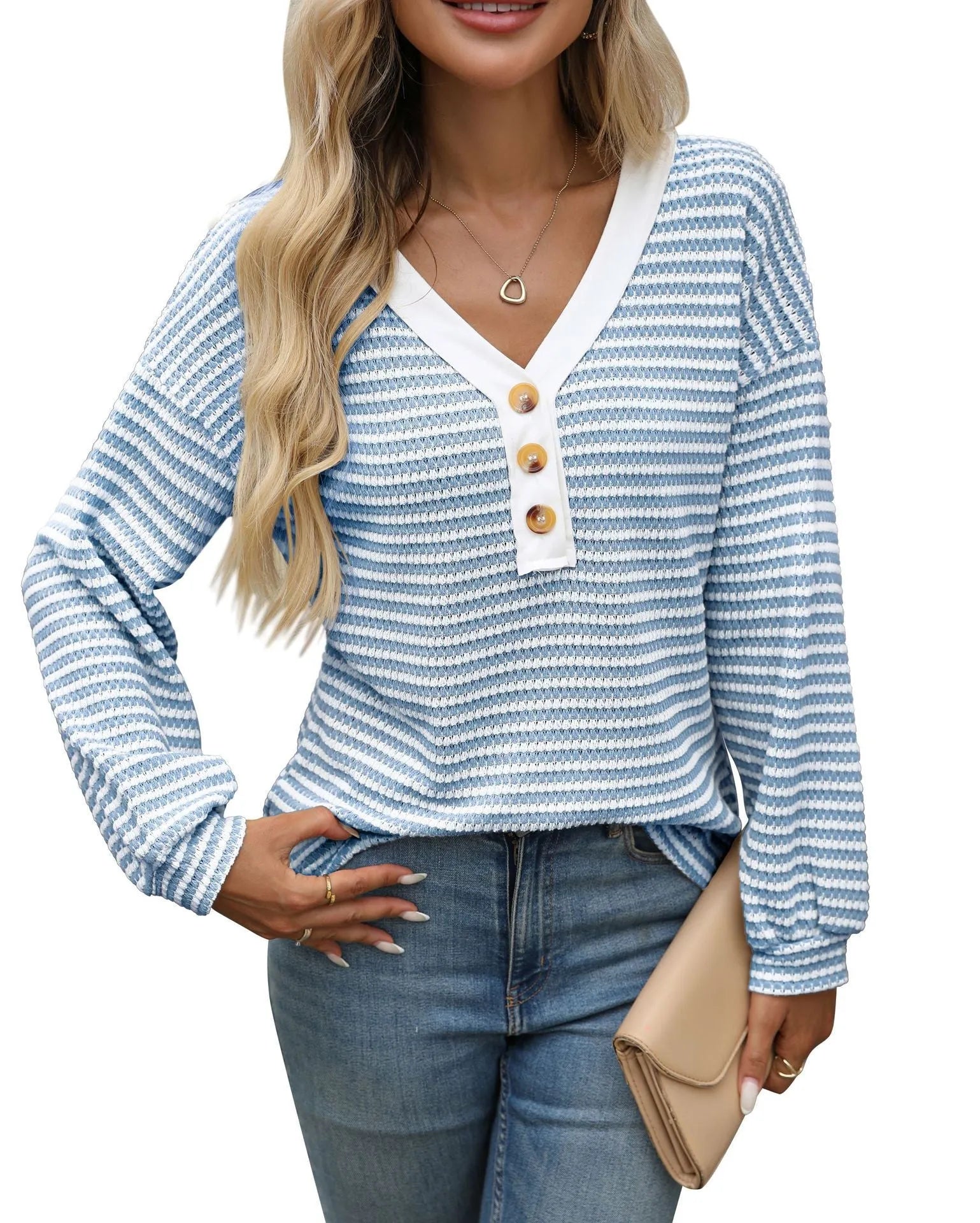 Women's V-neck patchwork pullover top in loose fit street fashion style