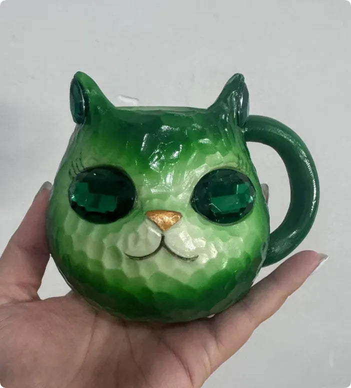Handcrafted American style resin decorative cat cup ornament in purple, green, blue, or pink colour