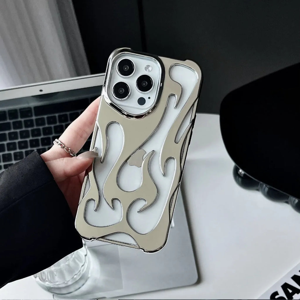 Electroplated hollow flame pattern TPU iPhone case in silver plating shown on a phone.