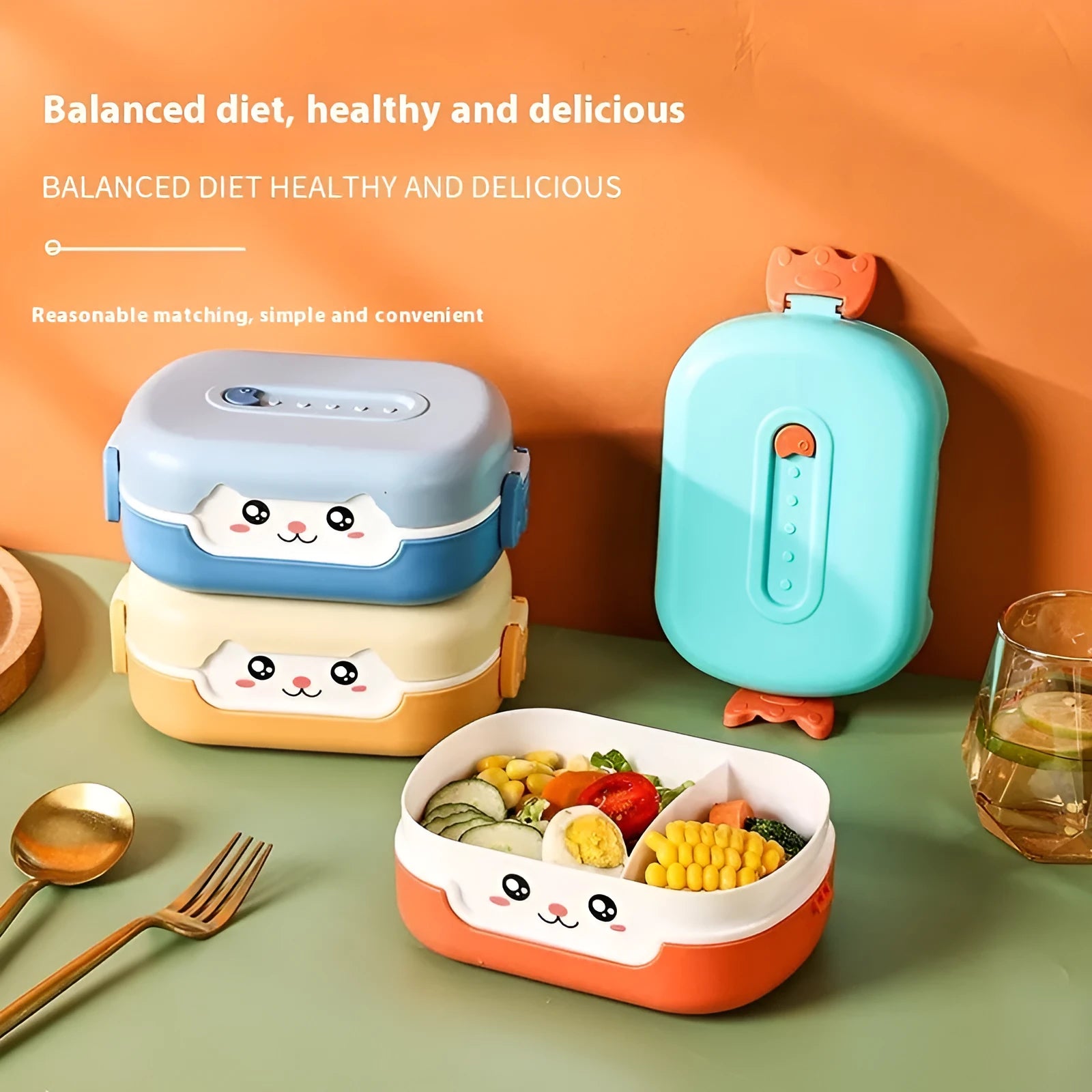 Square divided plastic lunch box in dark blue, orange yellow, and pink and green colours.