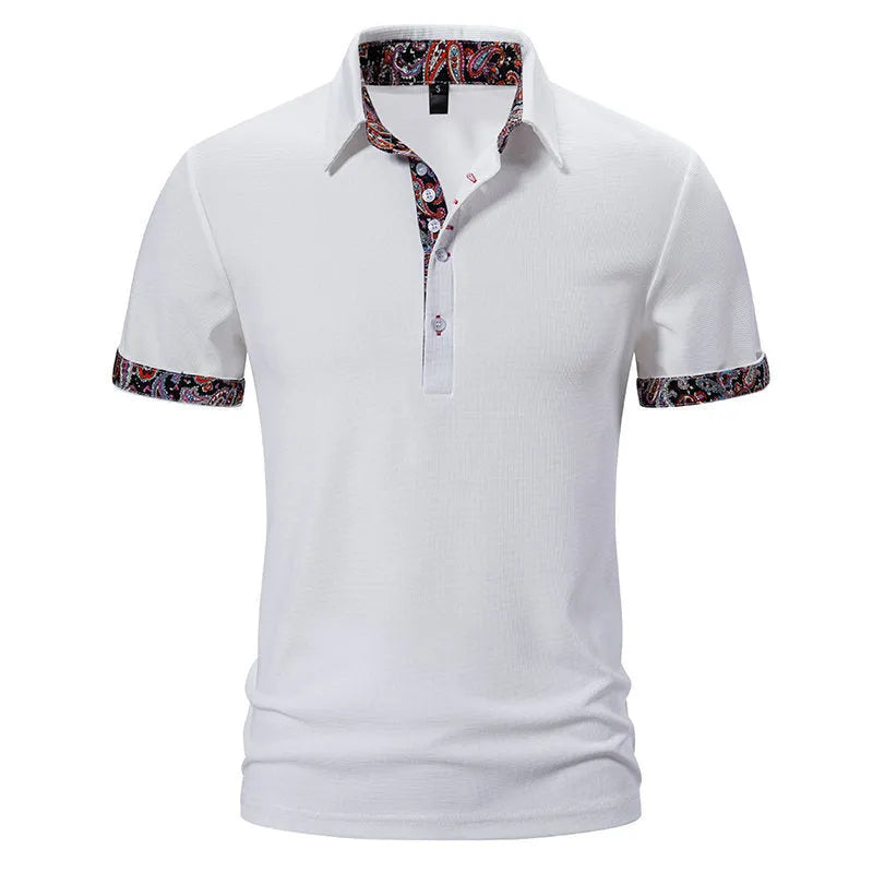 Men's short sleeve polo shirt in cotton blend fabric, showing turnover neck with colour stitching detail.