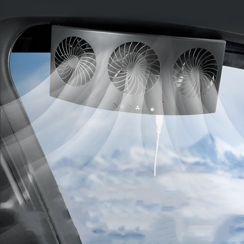 Black and white USB-powered car ventilation fan with 1.5 metre cable on a dashboard.