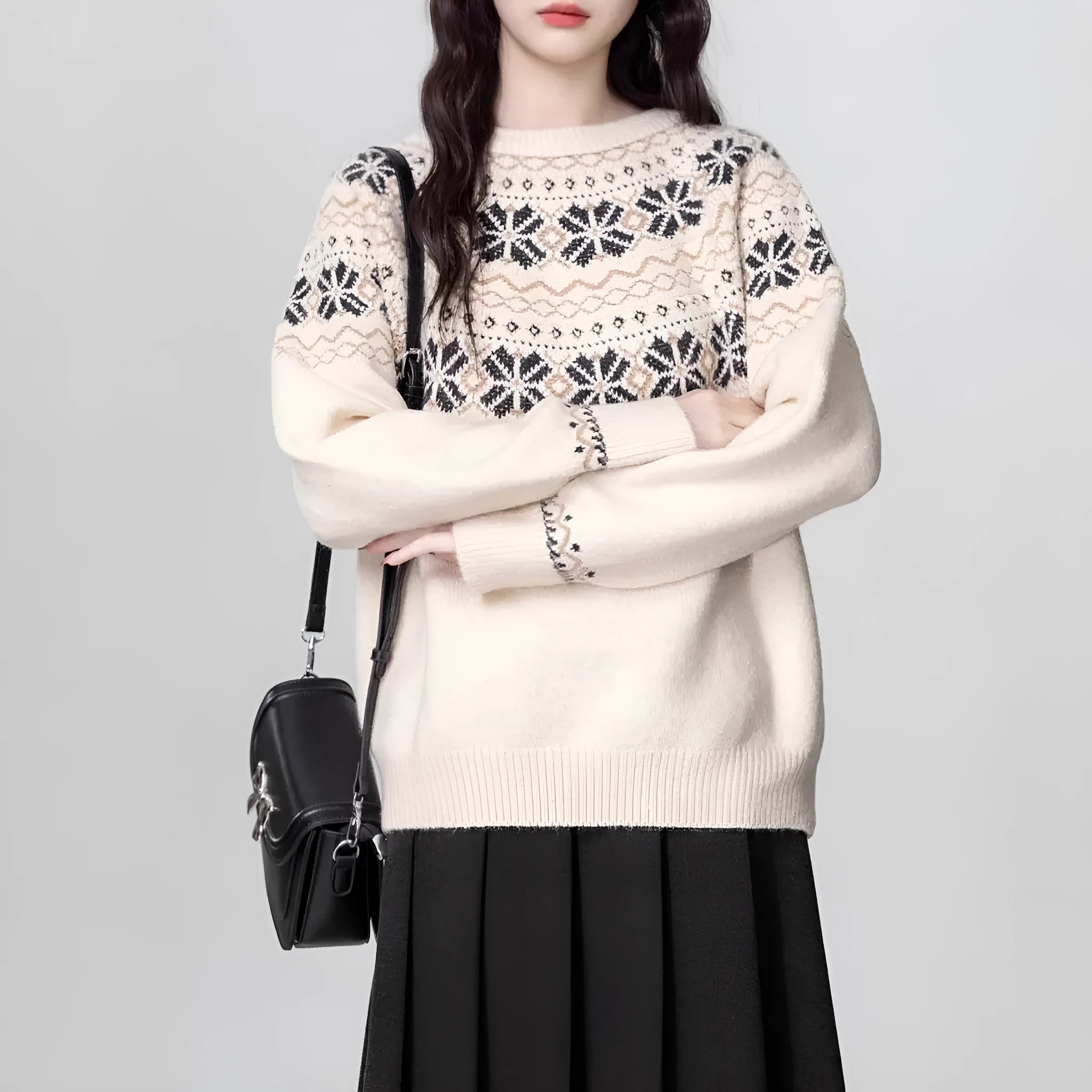 Women's milky white fair isle pullover sweater with geometric patterns and crew neck