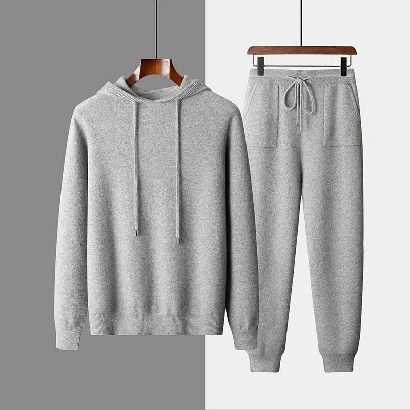 Men's light grey cashmere hooded sweatshirt and matching joggers set for winter casual wear