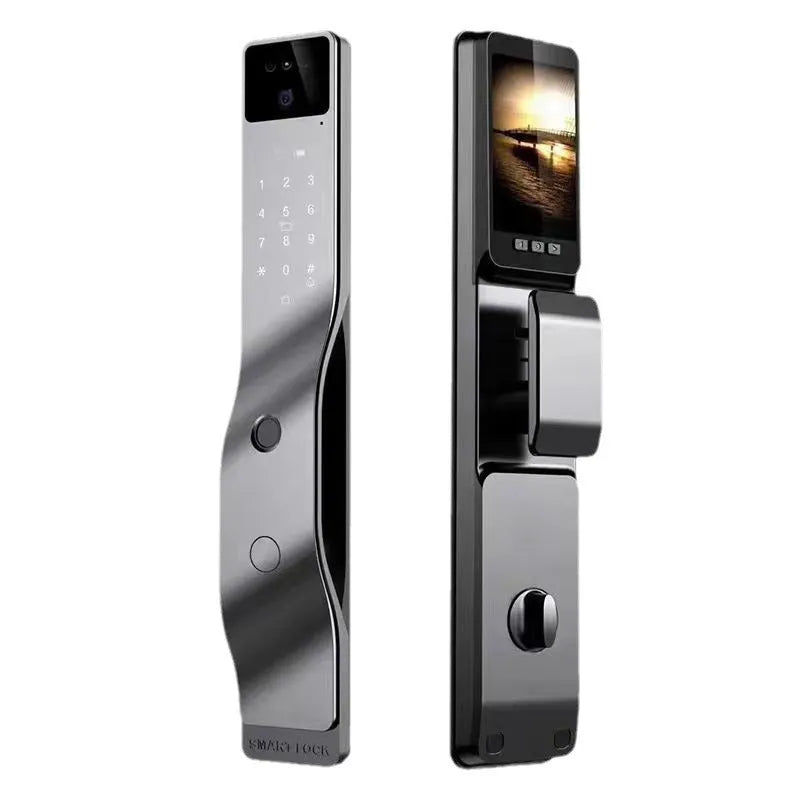 F7 model smart door lock with face recognition camera, fingerprint sensor, and keypad on aluminium alloy surface.