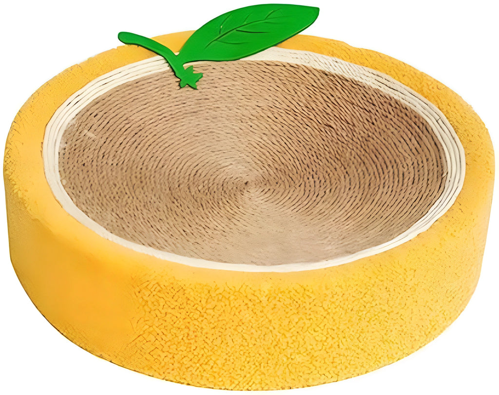 Yellow round sisal cat scratching board with slightly concave centre serving as cat bed