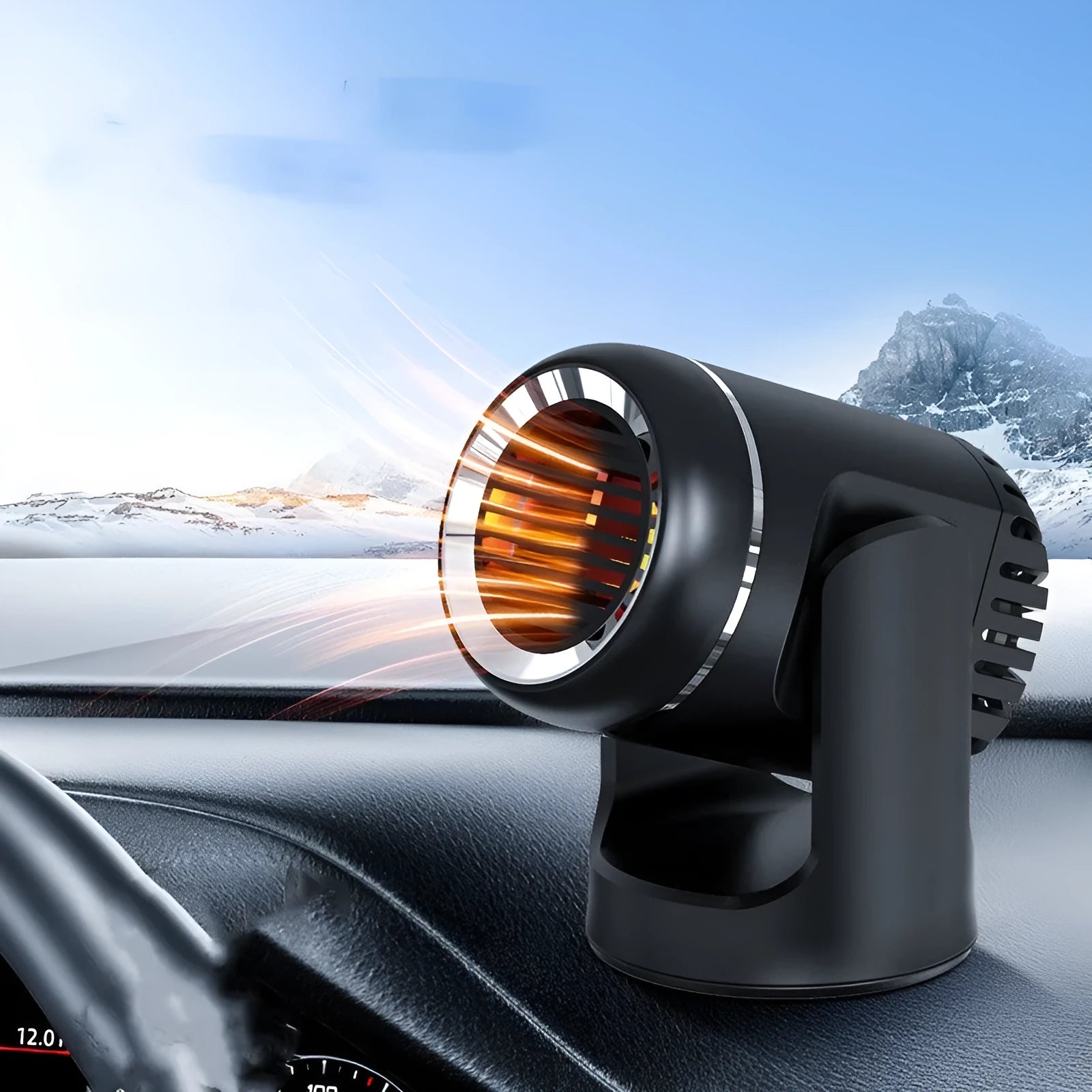 Black and white 12V car heater with dual hot cold settings for vehicle defrosting and warming