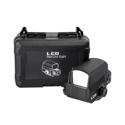 Red dot reflex sight with holographic reticle mounted on 20mm rail system for tactical rifles