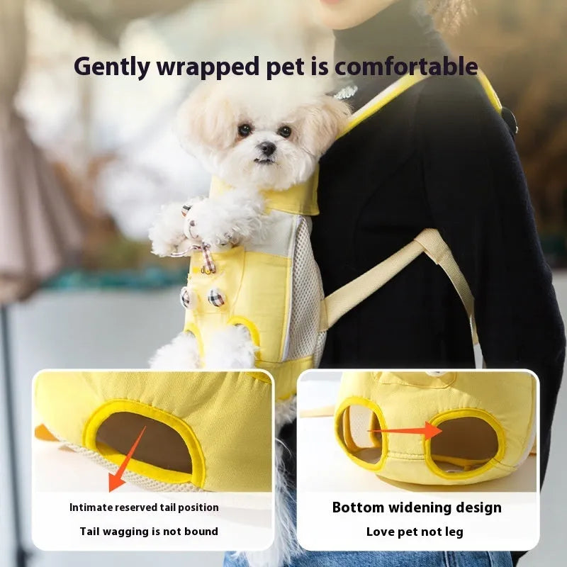 Cartoon cute chest bag pet carrier with animal pattern, soft canvas construction, and colourful stitching details